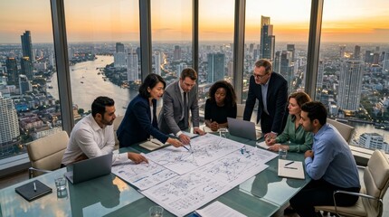 Fototapeta premium Group of professionals review large blueprints around a glass conference table