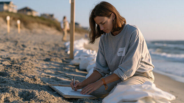 Beach cleanup volunteer data collection volunteer kneeling on shoreline documenting debris type on waterproof field sheet, categorized collection bags lined up beside her,