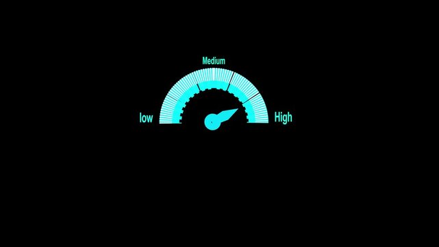 Gauge needle rising from green safety to red danger zone on a speedometer icon, illustrating high risk or performance concepts in a flat animation