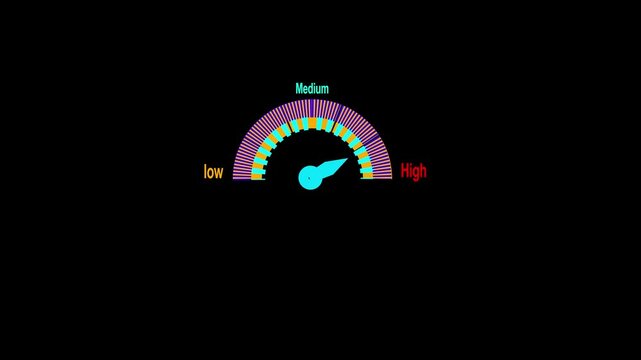 Gauge needle rising from green safety to red danger zone on a speedometer icon, illustrating high risk or performance concepts in a flat animation