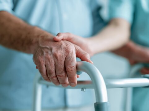 Elderly person's hand gripping a walker with support from another person's hand