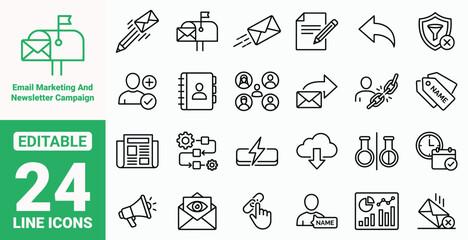 Fototapeta premium Email Marketing and Newsletter Campaign Icon Set. Digital Communication, A/B Testing, Mailbox Delivery, Unsubscribe Link, Contact List, Analytics, and Business Line Vector Art