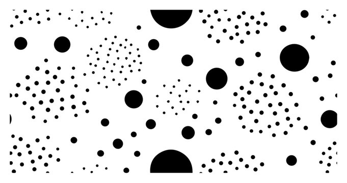 Polka dot abstract pattern with clusters of black circles on white background