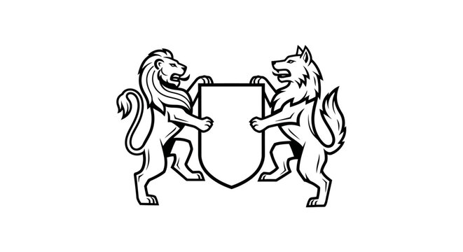 Lion and wolf rampant holding blank shield crest illustration