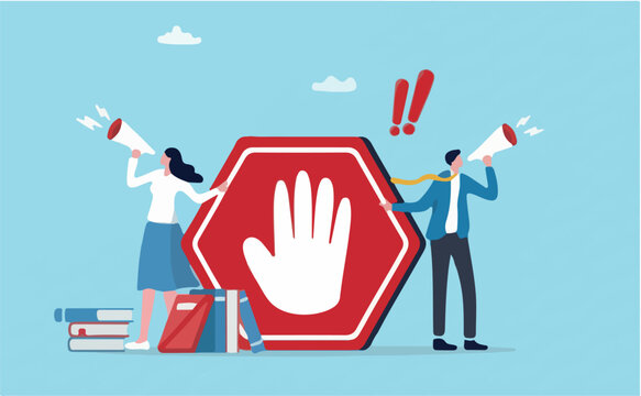 Forbidden warning, prohibition, don't do or stop rule, false or restriction, danger, bad hazard disallow message, illegal or ban concept, business people announce forbidden message with prohibit sign