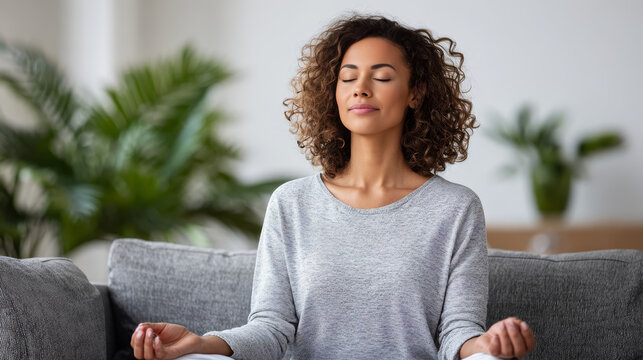 Calm young woman practicing mindfulness meditation at home, sitting cross legged on a comfortable sofa. She enjoys peaceful relaxation in a bright, modern living room with green plants