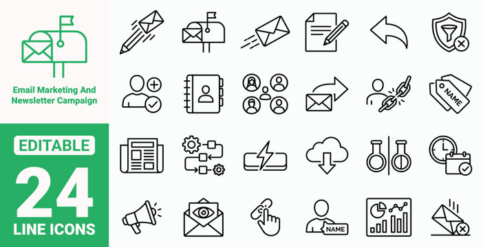Email Marketing and Newsletter Campaign Icon Set. Digital Communication, A/B Testing, Mailbox Delivery, Unsubscribe Link, Contact List, Analytics, and Business Line Vector Art