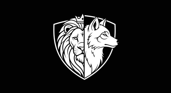 Lion and wolf split face mascot logo on shield emblem