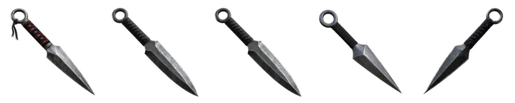 Japanese Ninja Kunai Dagger Set: Traditional Throwing Knives with Black Handles and Ring Pommels in Various Angles, Isolated on White Background for Gaming and Weapon Design.