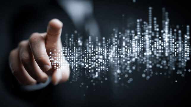 Hand interacting with digital data visualization and binary code in dark futuristic technology setting