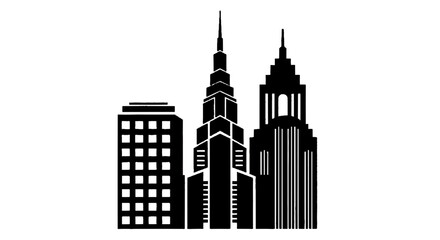 Fototapeta premium Minimal black silhouette icon, simple flat vector, bold black shape, no, no shading silhouette of a city skyline with three distinct skyscraper buildings on a, flat icon style