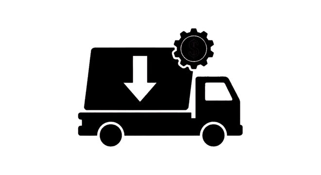 Minimal black silhouette icon, simple flat vector, bold black shape, no, no shading delivery truck icon with downward arrow and dollar sign gear symbol on a, flat icon style