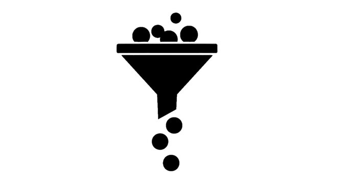 Minimal black silhouette icon, simple flat vector, bold black shape, no, no shading funnel icon with particles passing through, vector illustration on a, flat icon style