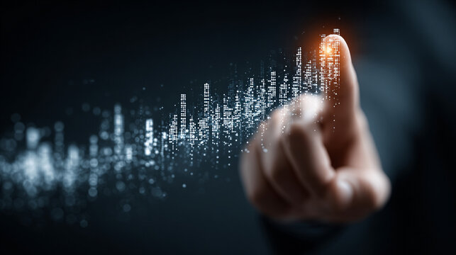 Hand touching digital binary code interface with futuristic data flow and technology concept