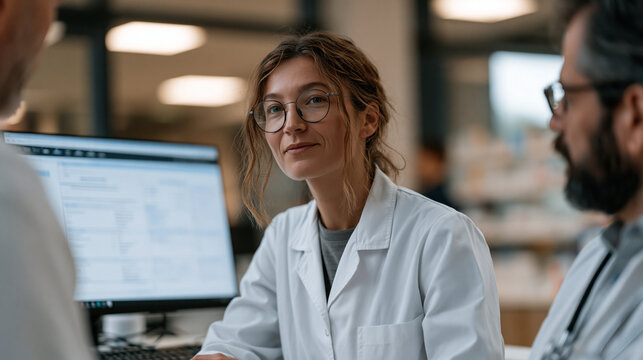 precision medicine pharmacogenomics report displayed on a clinical pharmacist's monitor while consulting with an internist about medication selection, hospital pharmacy satellite,
