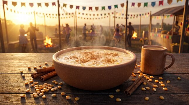 A steaming bowl of traditional Brazilian Canjica with cinnamon, served on a wooden table at a vibrant outdoor Festa Junina celebration at sunset.