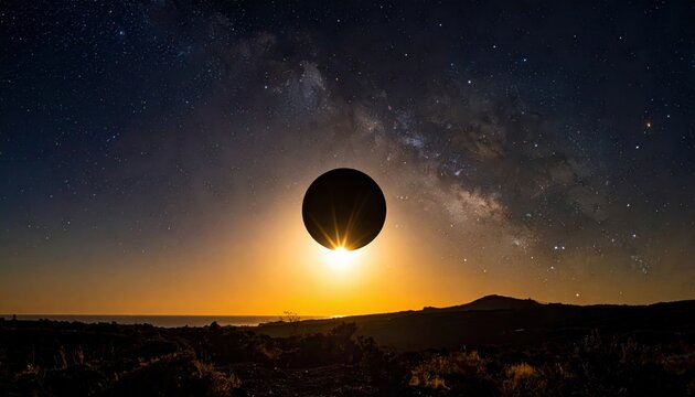 Celestial solar eclipse observed over a mountain horizon with the Milky Way visible in the night sky