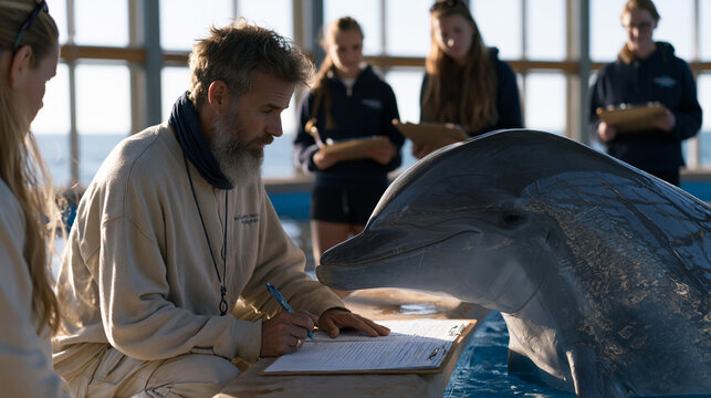 Weathered marine mammal trainer kneeling at poolside tank edge in coastal research facility guiding bottlenose dolphin through behavioral conditioning session while junior