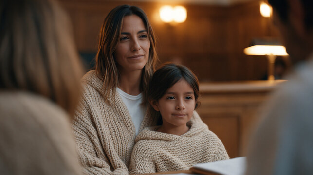 Anxious Central American family seated before immigration judge during asylum hearing in federal immigration court, interpreter leaning toward mother whispering translation while