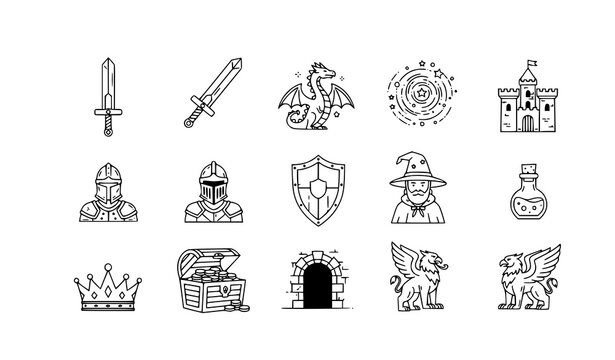 premium vector collection of 20 medieval and fantasy adventure linear icons arranged in a balanced grid on a solid pure white background. The monoline set includes a longsword, battle axe, dragon head