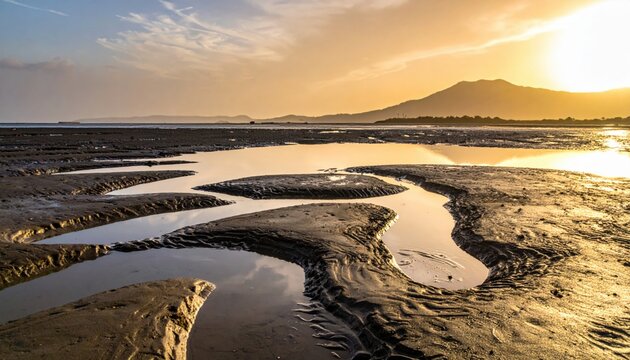 Coastal tidal flats at low ebb during golden hour showcasing serene water reflections and dramatic skies
