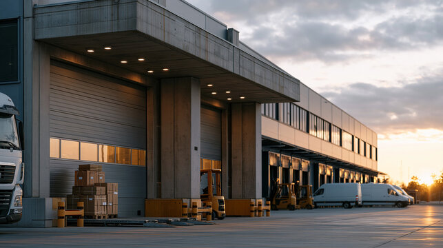 Cross-docking facility wide establishing shot at golden hour, semi-trucks arriving at one side as outbound vans load at the opposite dock face, forklifts crossing the interior in