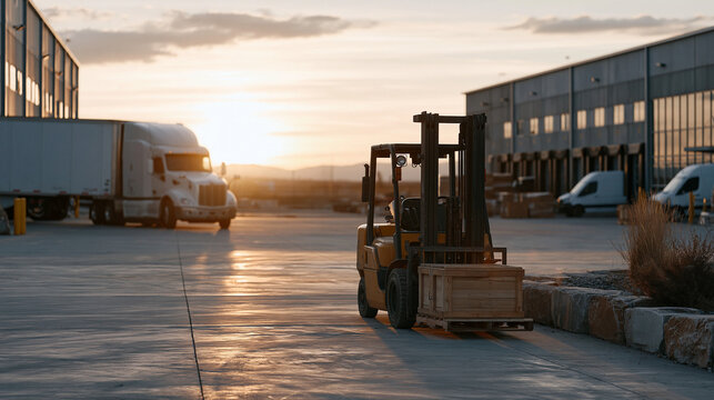 Cross-docking facility wide establishing shot at golden hour, semi-trucks arriving at one side as outbound vans load at the opposite dock face, forklifts crossing the interior in