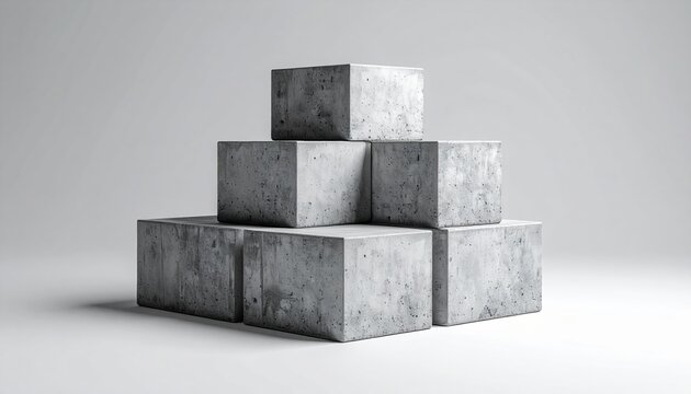 A stack of grey concrete blocks arranged in a pyramid formation against a light background