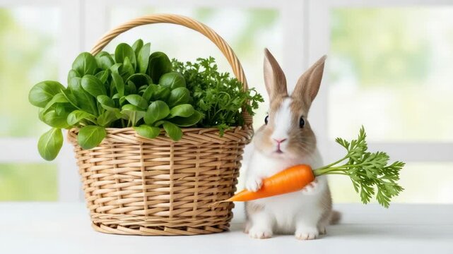 Rabbit holding carrot beside basket of greens