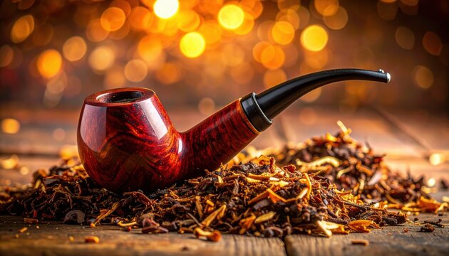 A Luxurious Wooden Pipe Resting Amidst Aromatic Pipe Tobacco
