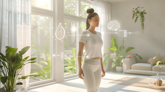 Photorealistic image of a fit healthy woman in her 30s, standing confidently in a bright modern living room or wellness studio with large windows showing greenery. 