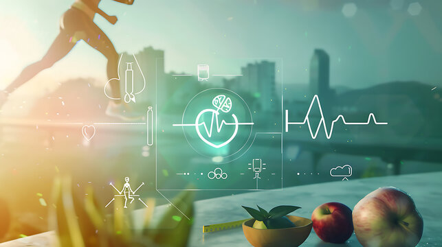 An image reflecting overall health and fitness, with a visual emphasis on specific health topics. Divided into four interconnected quadrants or arranged in a circle on a clean, soft gradient backgroun