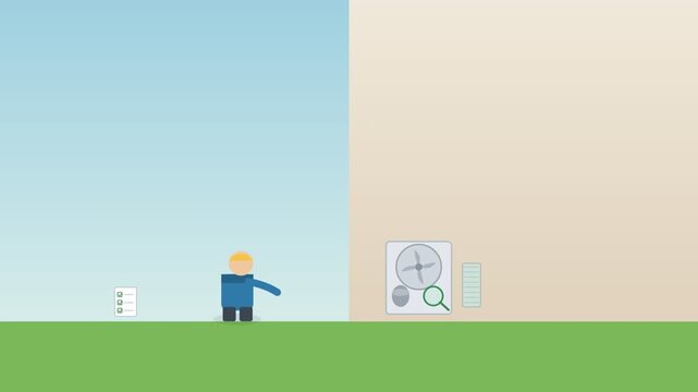 Heat pump inspection and system audit flat design animation for residential energy assessment and optimization concept