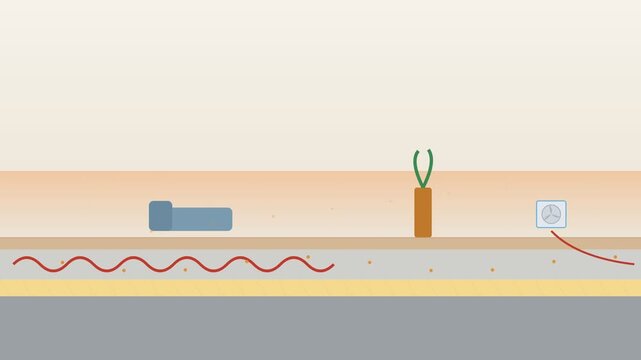 Heat pump slab heating system flat design animation for energy efficient home foundation concept