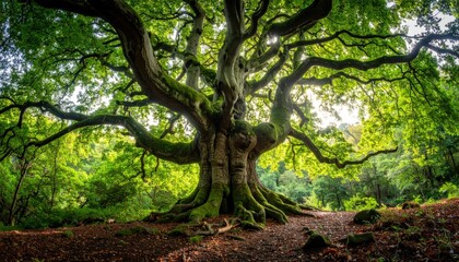 Fototapeta premium An ancient, gnarled beech tree with mossy bark and spreading branches bathed in dappled sunlight