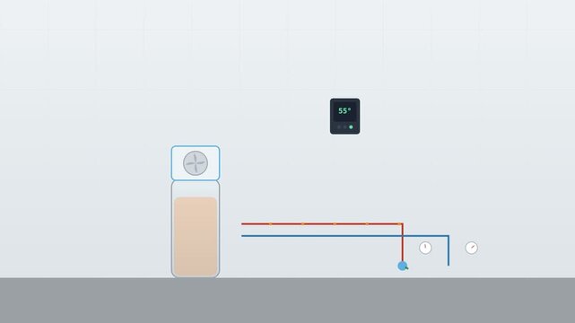 Heat pump hot water tank system flat design animation for domestic heating concept