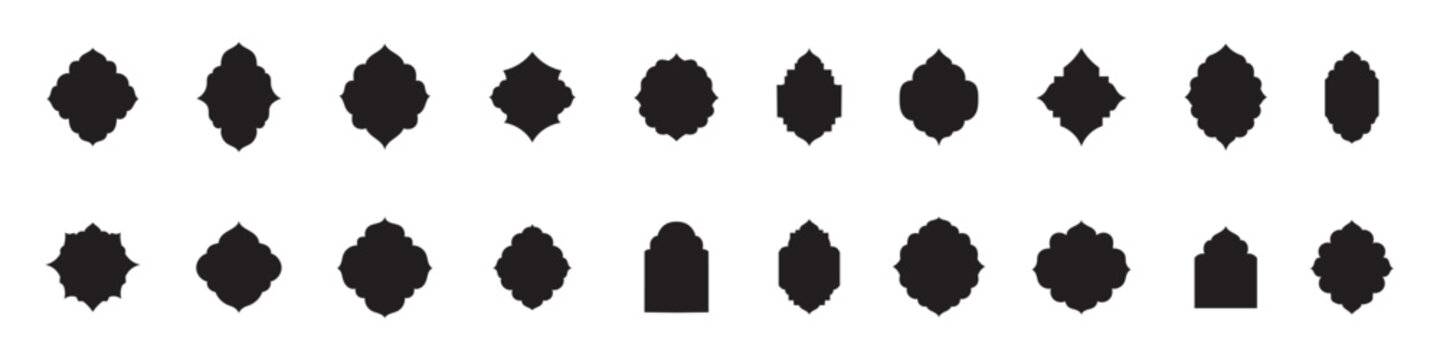 Collection of oriental style islamic vector shapes of a window or door arch mosque gate islamic arabesque pattern arab frame set on transparent background ramadan kareem silhouette icon set.