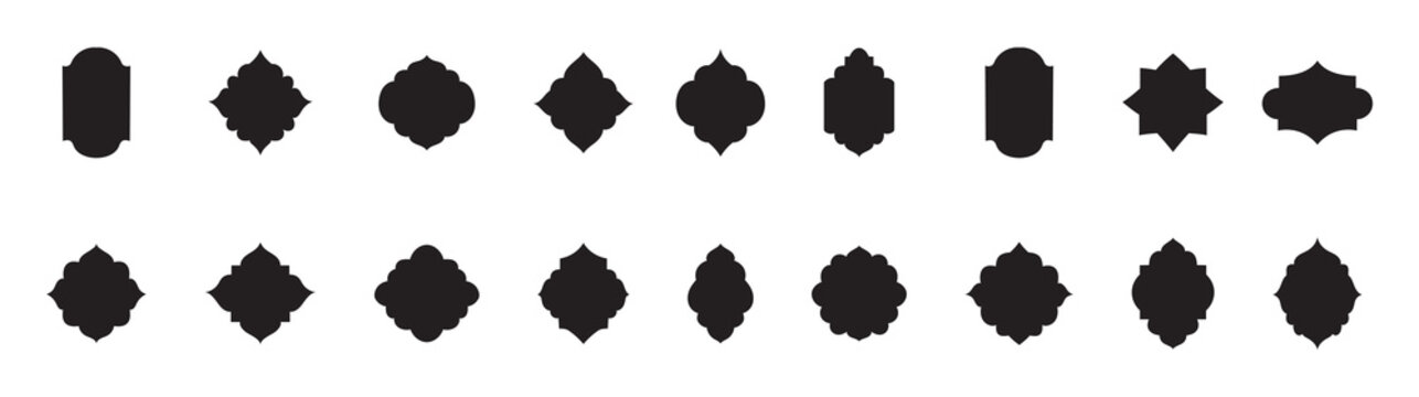 Arabic label frames. Modern islamic mosque dome and lanterns, monochrome blank arch stickers, traditional ornamental minimalist windows and simple clean border emblems. Vintage window frame design.