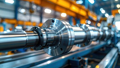 Fototapeta premium Close up of a gleaming chrome hydraulic piston on a production line in a modern industrial facility