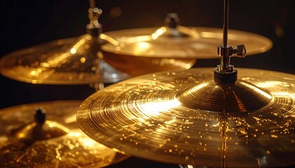 Obraz premium Close-up of Gleaming Brass Cymbals from a Drum Kit in Dynamic Lighting