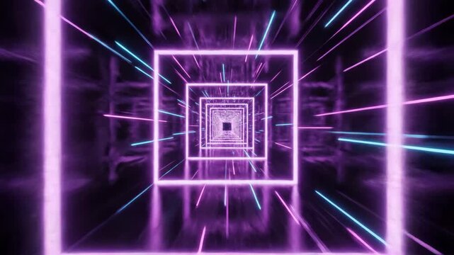 Immersive journey through a futuristic abstract tunnel with pulsating purple neon squares and fast-moving light streaks, perfect for sci-fi and tech backgrounds.