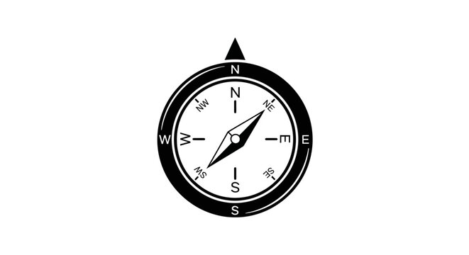 Black and white vector illustration of a classic compass pointing North, symbolizing navigation, direction, and exploration.