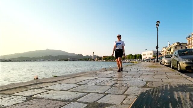 Woman tourist blogger films herself in embankment Zante city, Zakynthos island, Greece. Summer destination on the Mediterranean Sea, Europe
