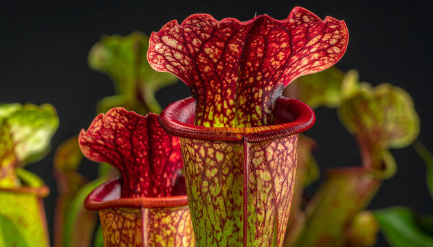 Detailed macro shot of a carnivorous Sarracenia pitcher plant with intricate red veins on a dark background. Sarracenia purpurea pitcher plant close up. 