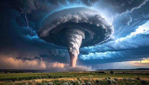 Gigantic tornado funnel cloud descending from a massive supercell storm over a rural landscape