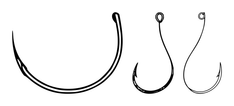 Black line art, white background: fishing hook set with simple line art design featuring line art, illustrations, graphic resources with vector and design elements
