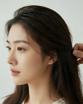 Image d'une femme brune asiatique qui se fakt coiffer les cheveux 