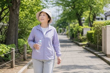Fototapeta premium 緑道を歩く女性の健康的な散歩習慣