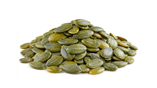 Shelled pumpkin seeds pile isolated on white background, macro studio shot