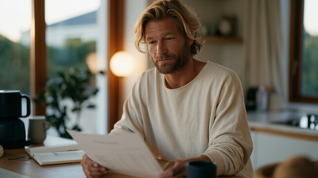 Founder at kitchen counter reviewing printed churn metrics during early morning before rest of household wakes, data obsession bleeding into personal time, metric-tracking
